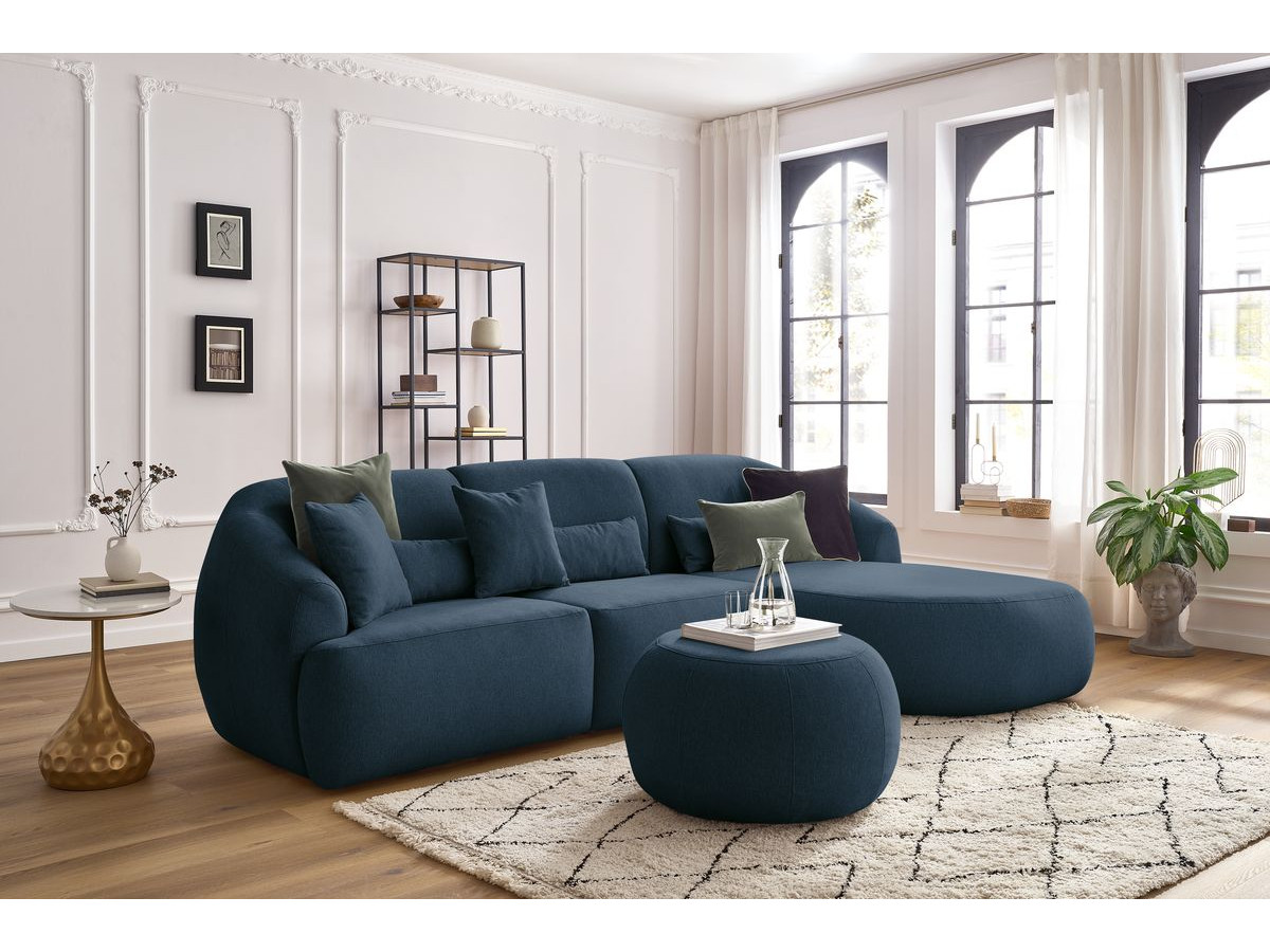 Canapé d'angle fixe ALESIA avec pouf tissu chiné bleu foncé  angle droit BOBOCHIC 4 places