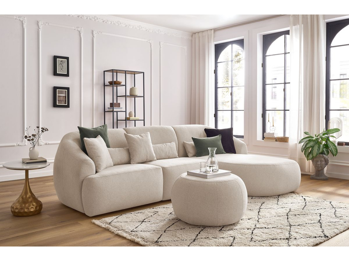 Canapé d'angle fixe ALESIA avec pouf tissu chiné beige  angle droit BOBOCHIC 4 places