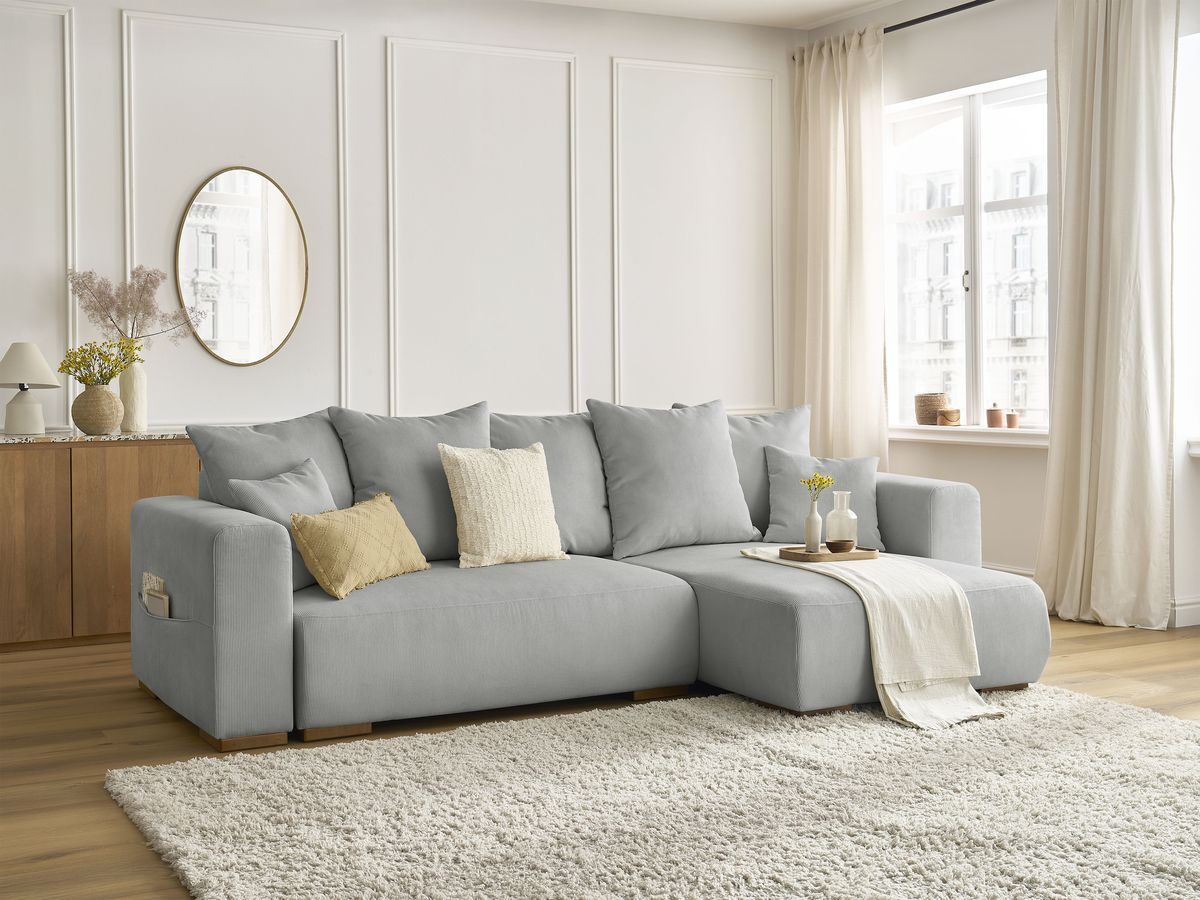 Canapé d'angle convertible réversible coffre SIDONIE velours côtelé gris clair   BOBOCHIC 3 places