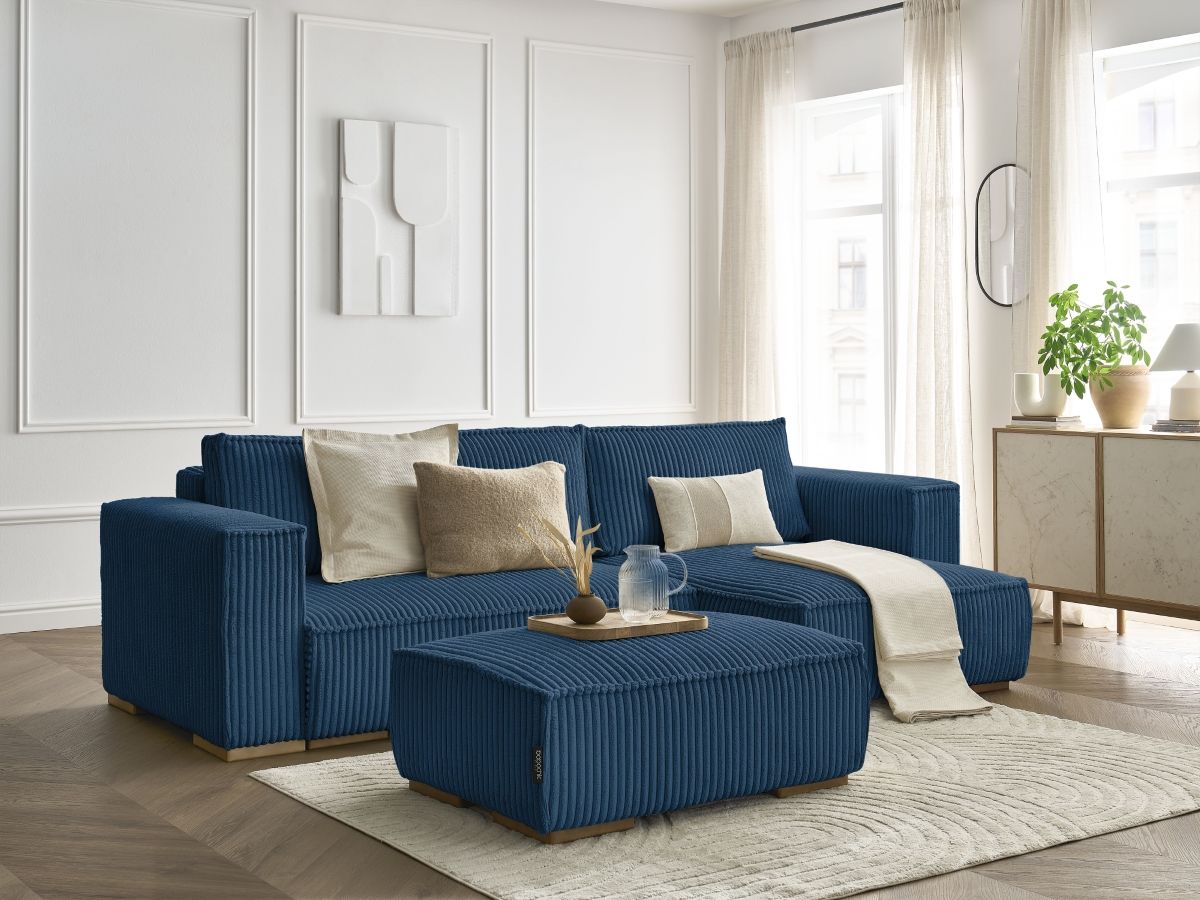 Canapé d'angle convertible réversible coffre CHELSEA gros côtelé doux avec pouf bleu foncé  réversible BOBOCHIC 4 places