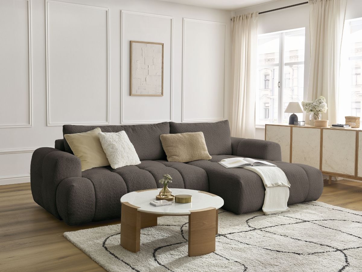 Canapé d'angle convertible FUJI tissu bouclette marron  angle droit BOBOCHIC 3 places
