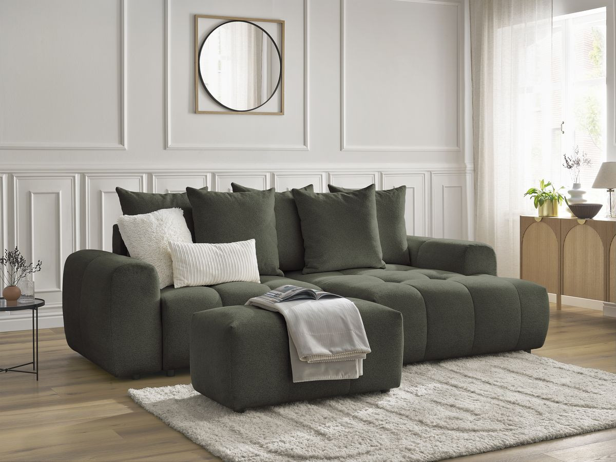 Canapé d'angle convertible coffre ROXELANE tissu chiné avec pouf vert  angle droit BOBOCHIC 3 places