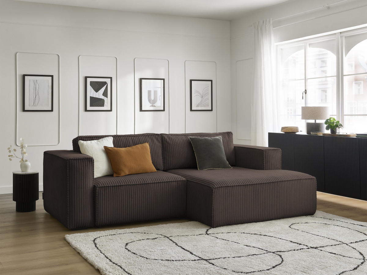 Canapé d'angle convertible coffre NINA velours côtelé marron  angle droit BOBOCHIC 3 places