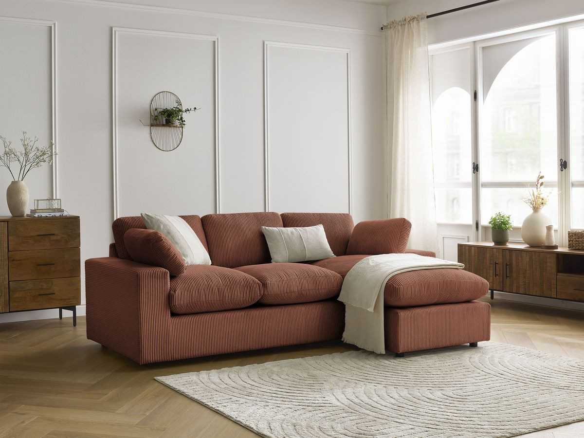 Canapé d'angle compact réversible BELAIR velours côtelé orange   BOBOCHIC 3 places