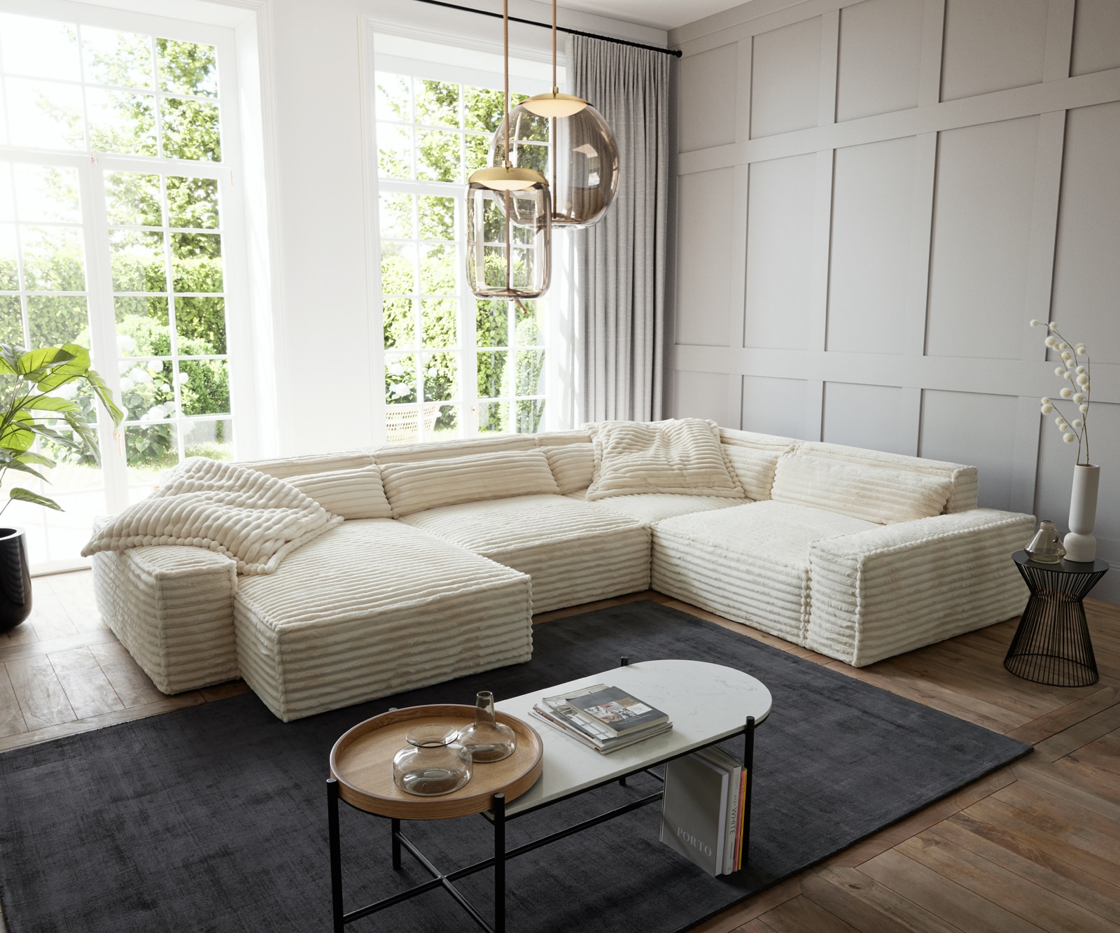 Canapé panoramique Sirpio XL 360x260 cm velours côtelé Beige Recamière variable