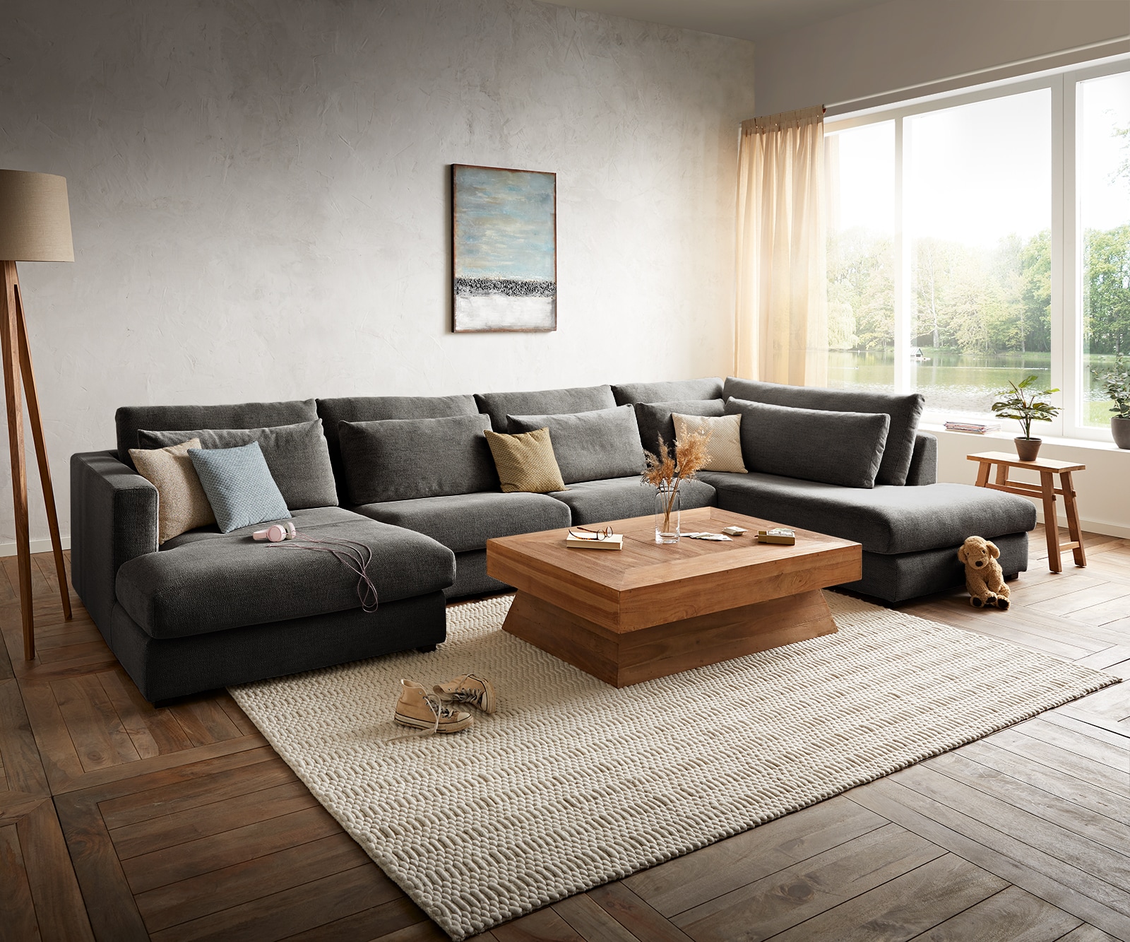 Canapé panoramique Isla 430x225 cm Chenille Anthracite méridiènne à droite
