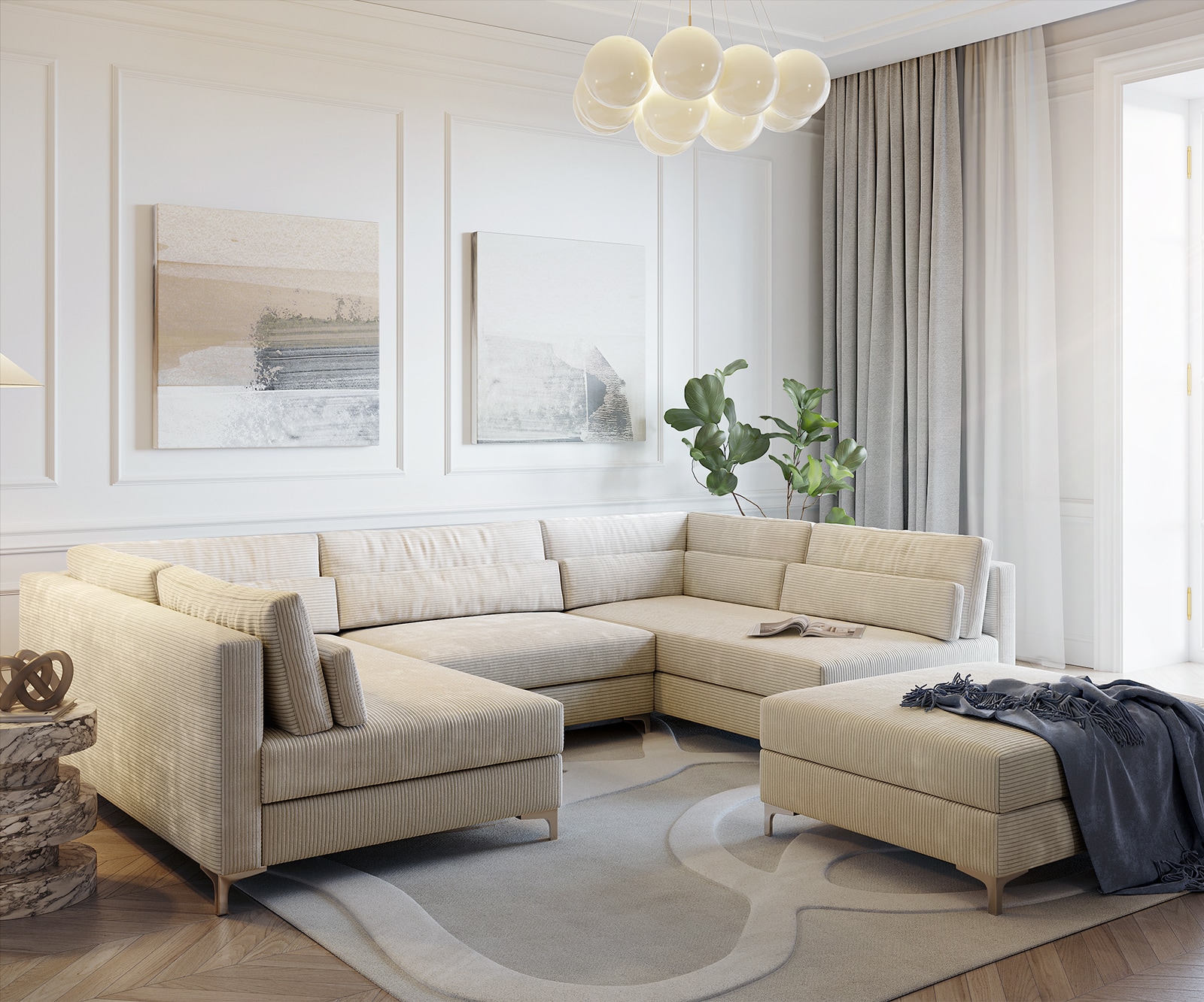 Canapé panoramique Elio 300x185 cm Velours côtelé beige avec tabouret