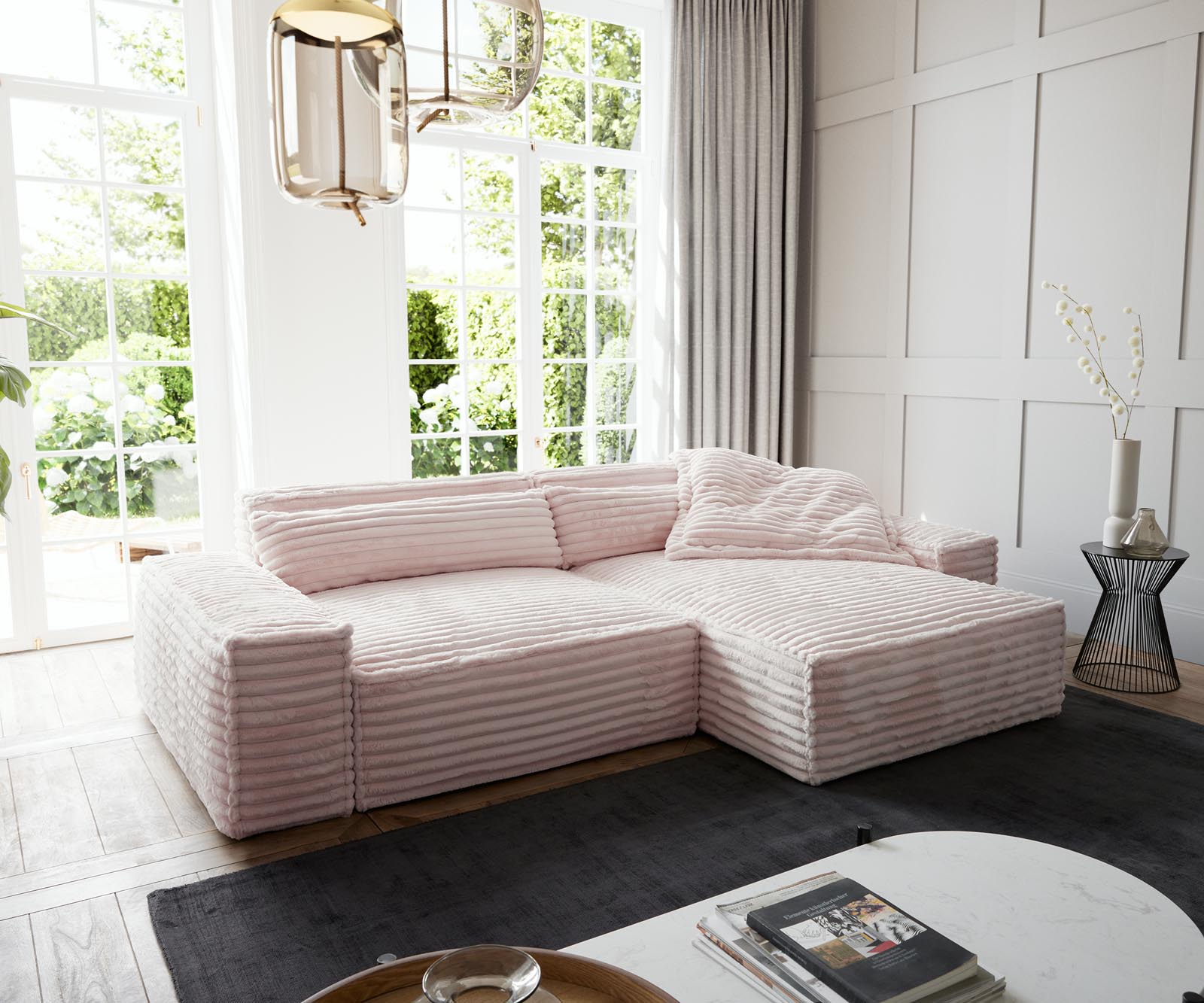 Canapé d'angle Sirpio XL 270x170 cm Velours côtelé rosé Recamiere variable