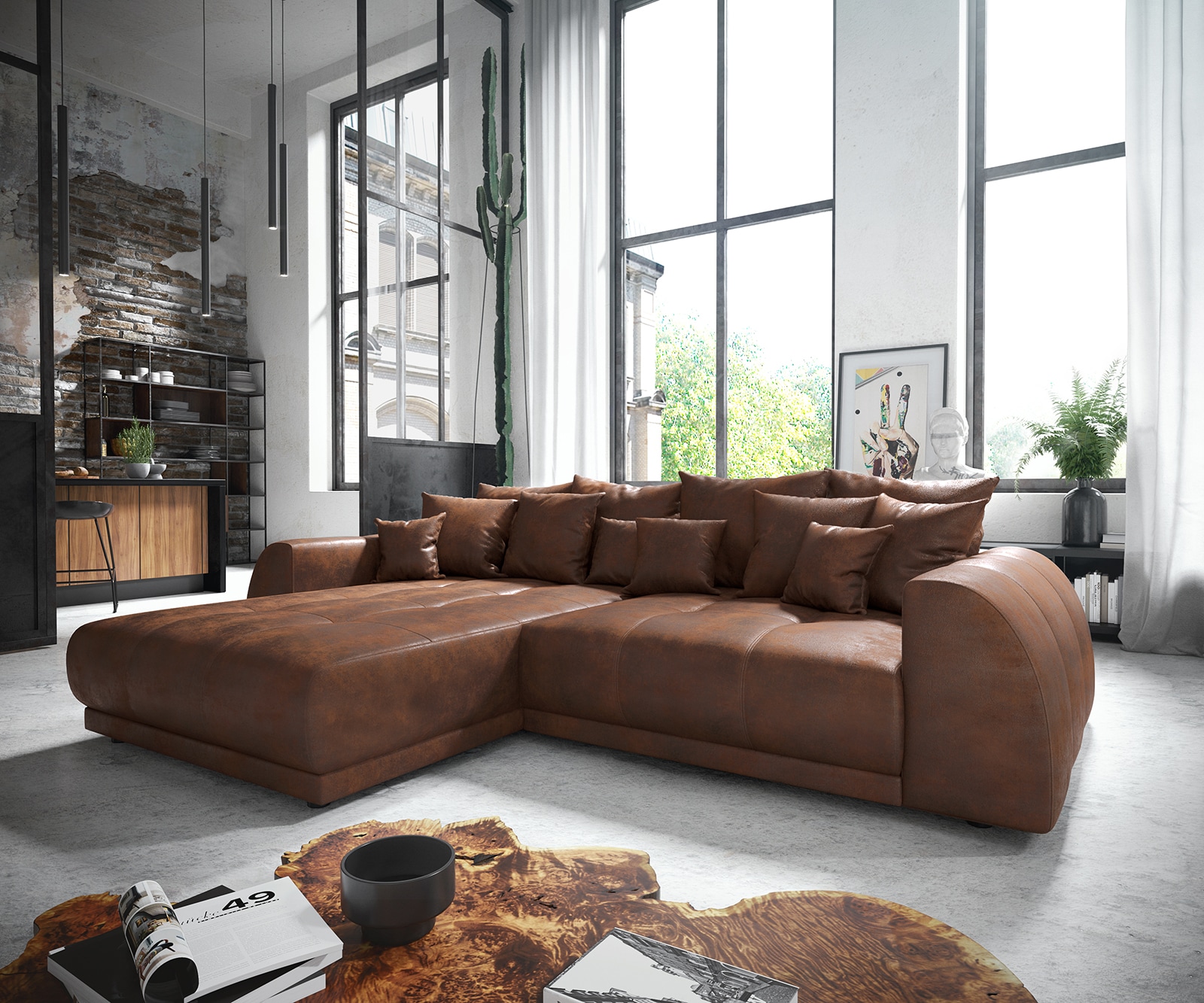 Canapé-d'angle Violetta 300 x 220 cm similicuir marron Recamière variable