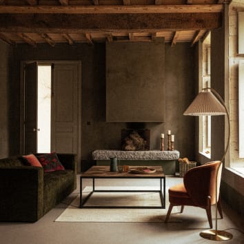Salon sombre avec canapé en velours vert