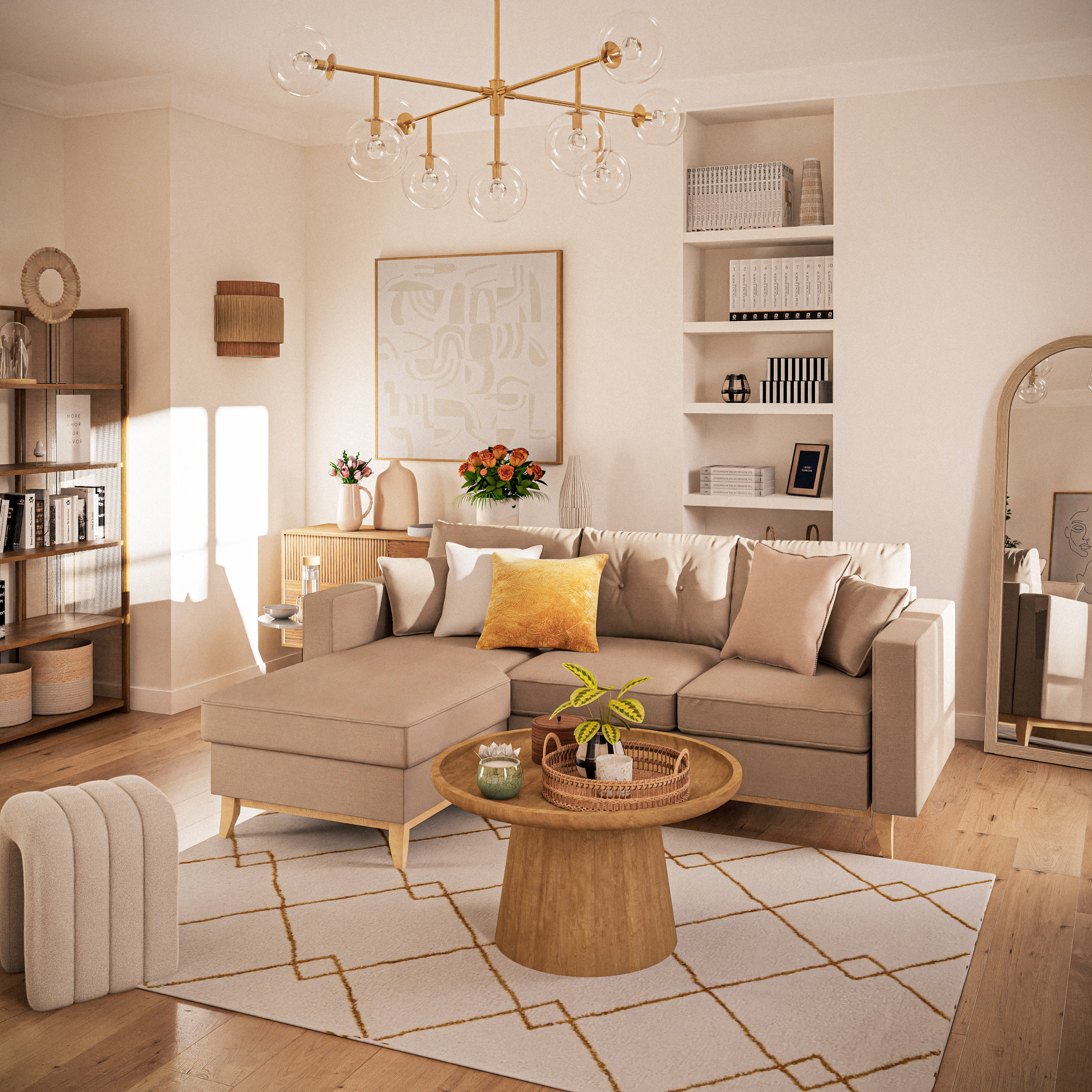 Canapé d'angle convertible 4/5 places beige Brooke