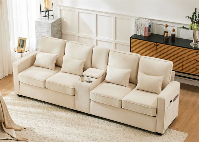 Canapé 4 places moderne en tissu de lin avec porte-boissons,Canapé fixe avec 4 coussins pour salon,bureau,Beige