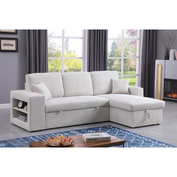 Canapé d'angle en velours côtelé convertible/réversible "Axel" - 3 places - Beige