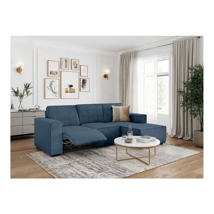 Canapé d'angle droit de relaxation électrique CHARLINE 3 places en velours côtelé - Bleu foncé - L269 x P166 x H92cm - LOUNGITUDE