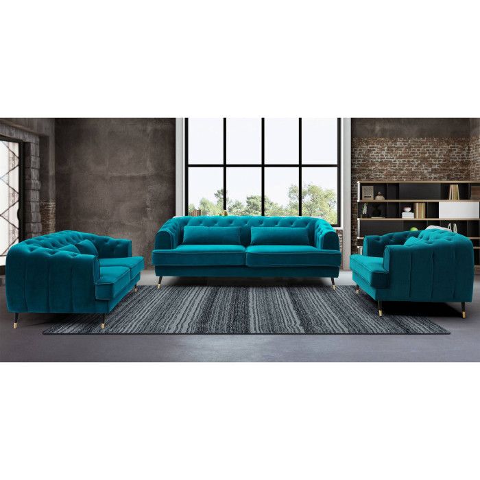 Canapé capitonné 3 places style boudoir Glams Velours Bleu canard