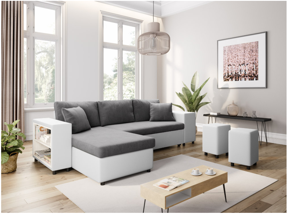 Canapé d'angle MADY convertible avec coffre, accoudoir étagère et poufs en simili et microfibre
