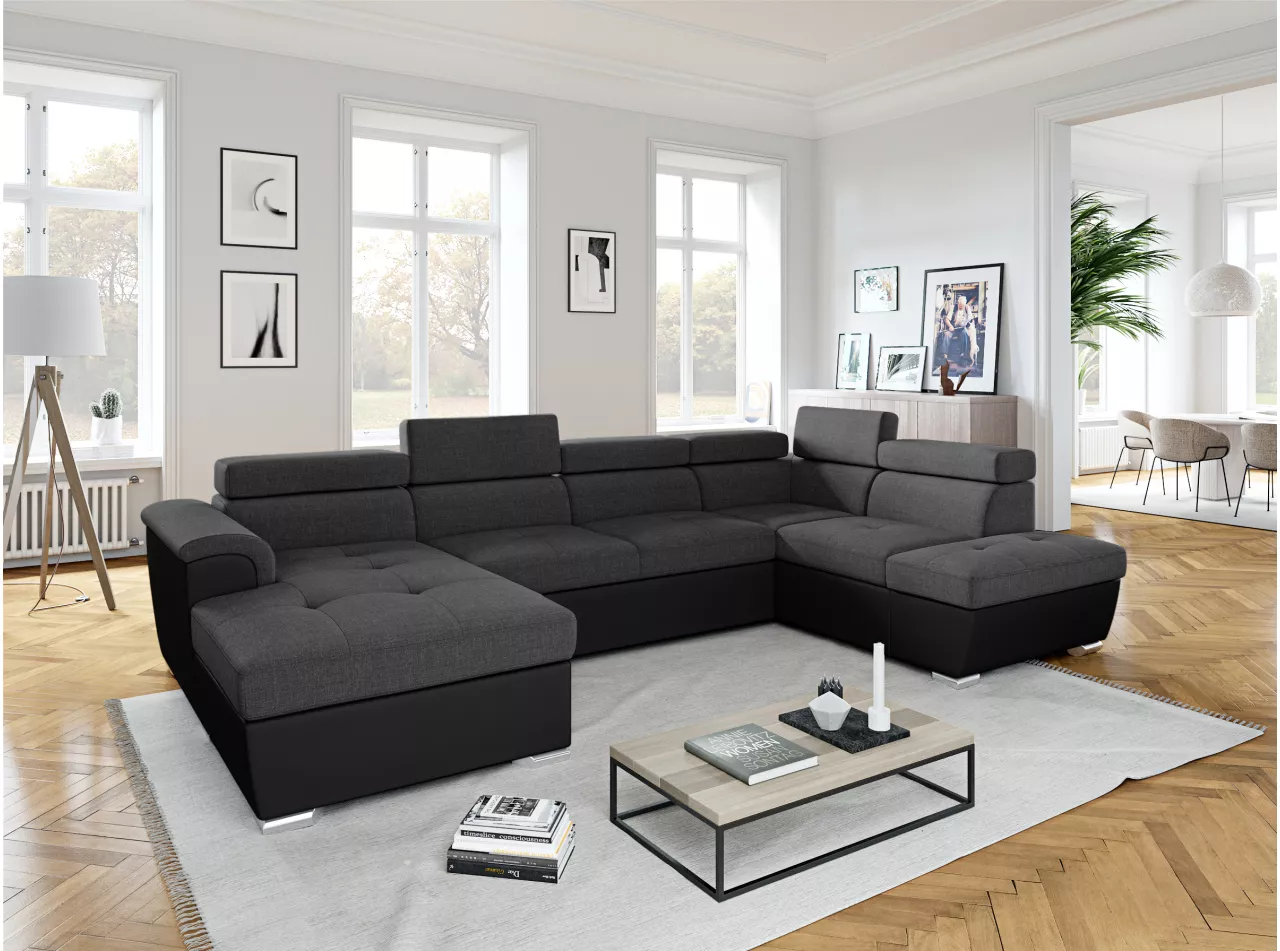 Canapé Panoramique 6 places Convertible PAOLA en Simili et Tissu