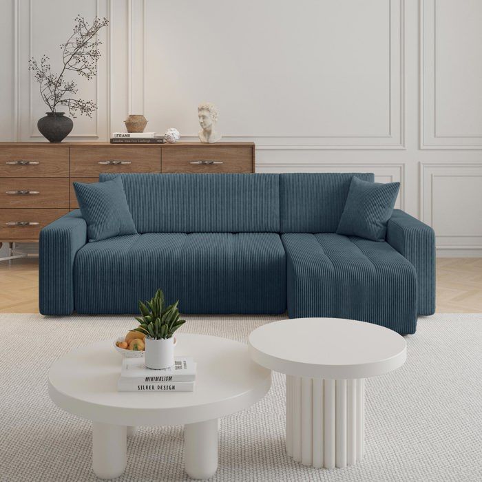 ALICIA MINI - Canapé d'angle convertible et réversible avec coffre en velours côtelé bleu