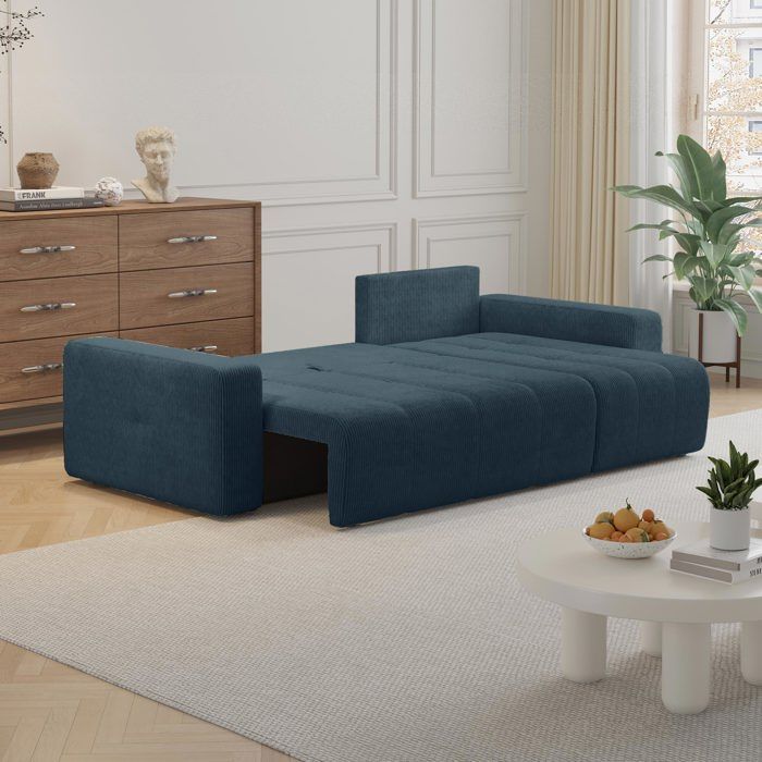 Canapé Alicia Mini - Canapé d'angle convertible et réversible avec coffre en velours côtelé bleu - Vue supplémentaire 3