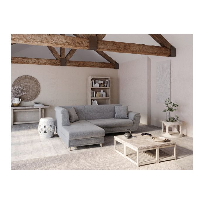 Canapé d'angle gauche 5 places FLAVIE convertible en tissu - Gris - L260 x 180 x 85cm - LOUNGITUDE