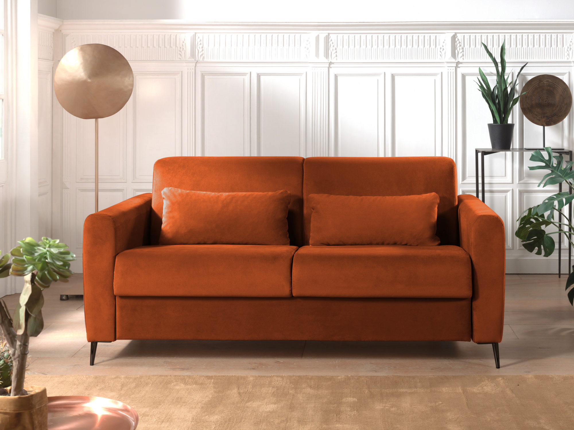 Owen - Canapé droit convertible 3 places Velours Rouille