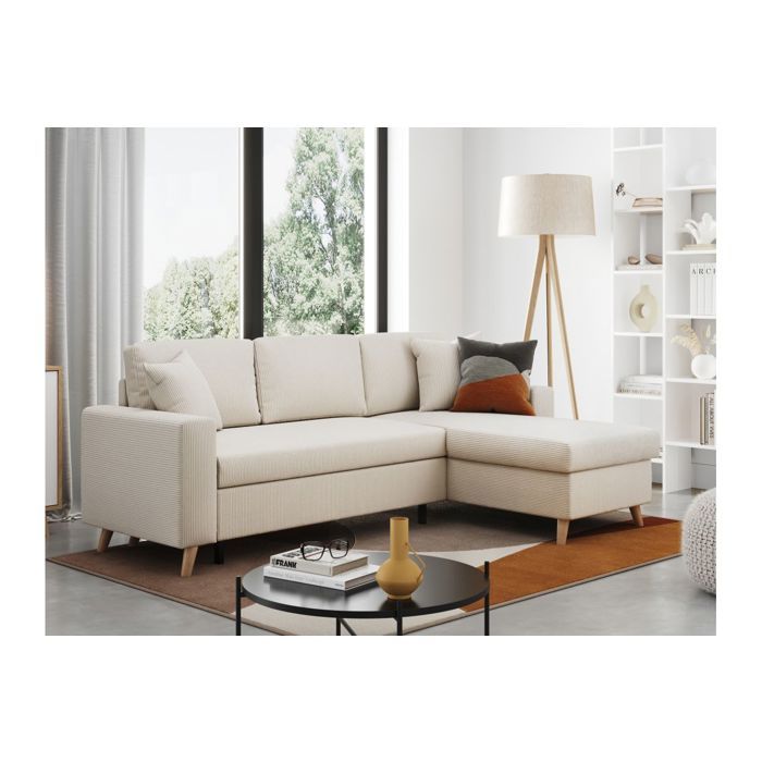 Canapé d'angle 3 pl MARIA SCANDINAVE réversible convertible avec coffre en velours côtelé - Beige - L227 x P148 x H95cm -