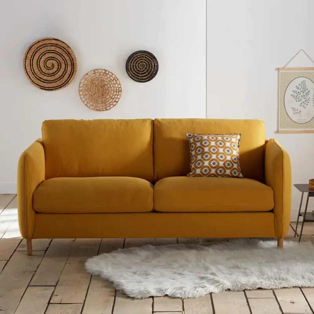 canapé scandinave convertible en velours jaune