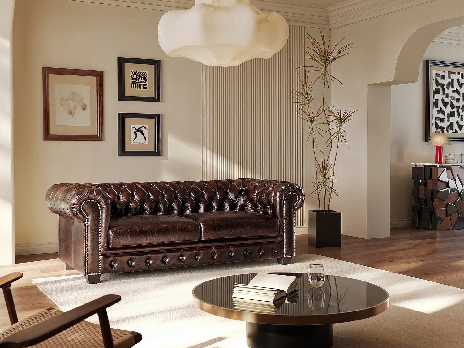 Canapé fixe chesterfield BRENTON 3 places en cuir de buffle - Chocolat reflets châtains