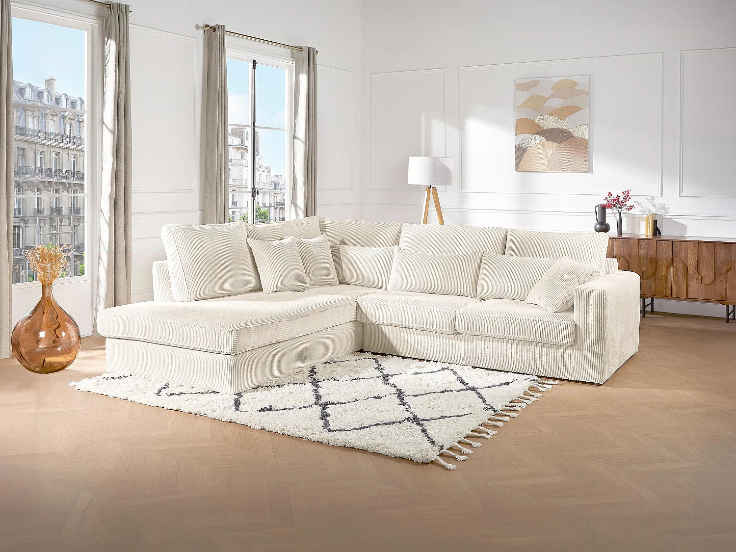 Canapé d'angle convertible express et réversible en velours côtelé beige - Matelas 18 cm - Couchage 140 cm - MONDOVI