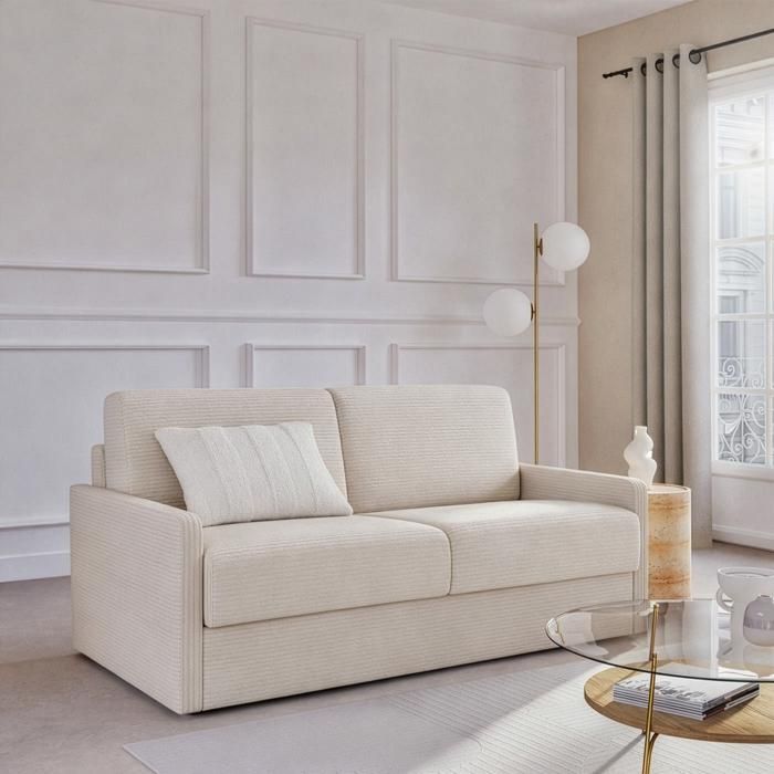 Canapé convertible 3 places en velours côtelé L175 cm - 175 cm X 100 cm X 87 cm - BL/000 - Ecru