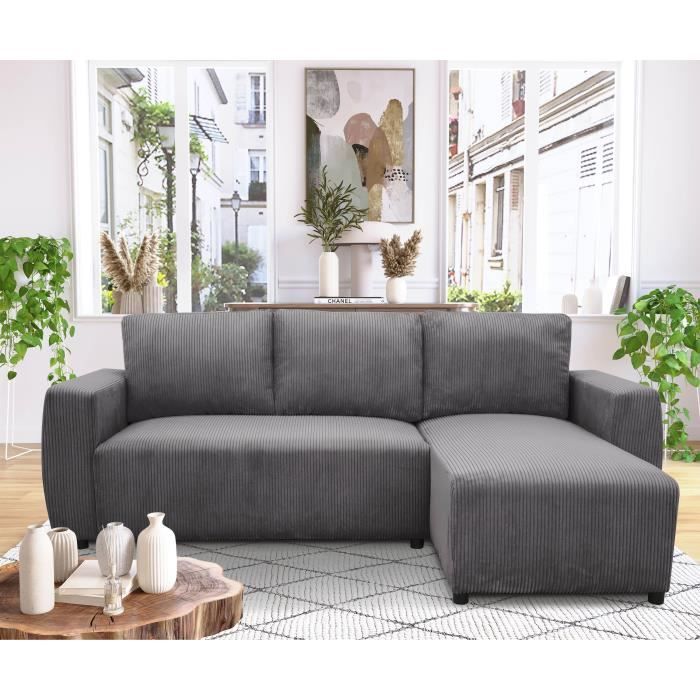 Canapé d'angle convertible réversible 3-4 places PHARELL - velours côtelé Anthracite - Coffre de rangement - L224 x P155 x H85 cm