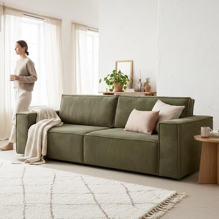 Canapé convertible 3 Places avec coffre de rangement en velours côtelé vert kaki - Harper