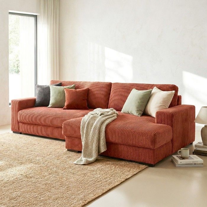 Canapé d'angle droit convertible 3/4 places avec coffre de rangement en velours côtelé rouille - ARTY