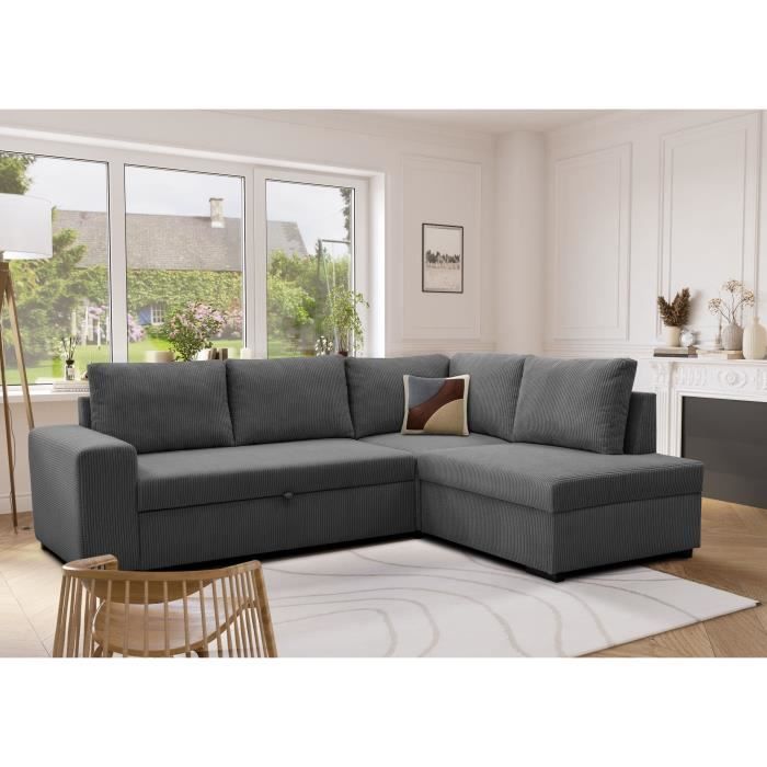 Canapé d'angle convertible réversible NIRVANA 4 à 5 places - Tissu velours côtelé anthracite - Coffre de rangement - L247 x P 183 x