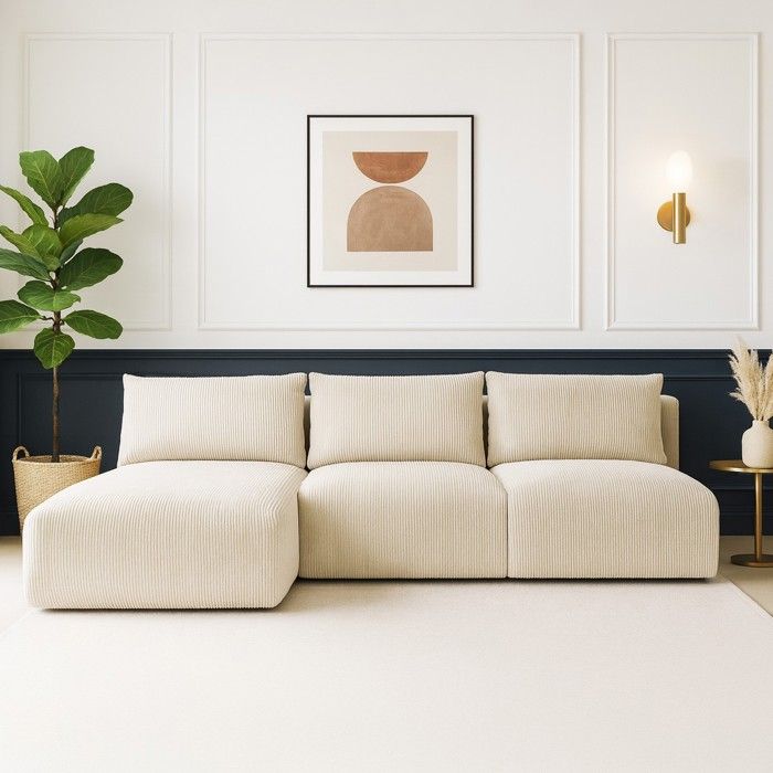 Canapé d'angle convertible 4 places - HOMIFAB - Jasper gauche VC - Velours côtelé - Beige