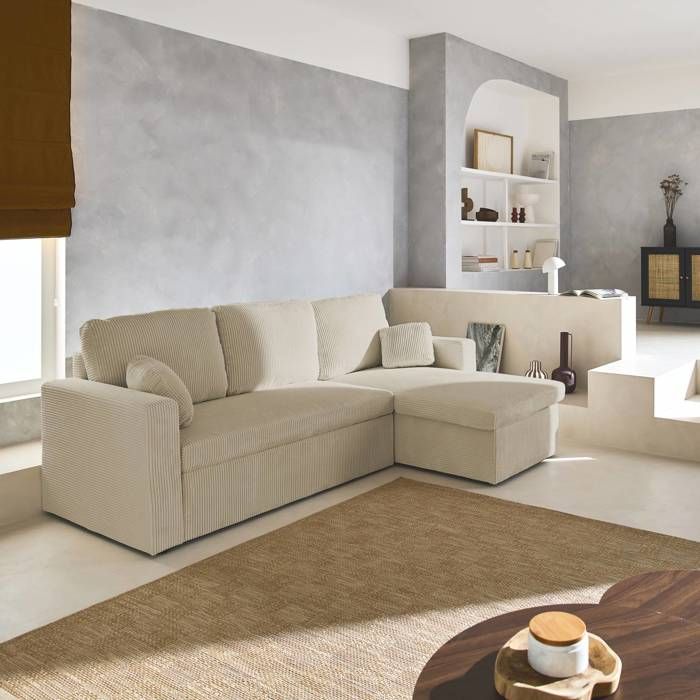 Canapé d'angle convertible et réversible. velours côtelé grosse côte greige. 3 places