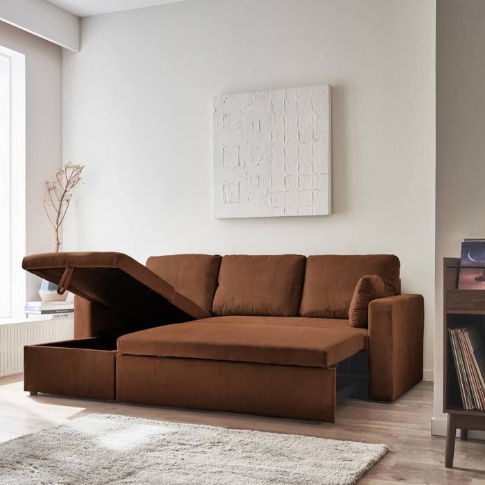 Canapé d'angle convertible en velours côtelé rouille - SWEEEK - IDA - 3 places - Réversible - Coffre rangement - Vue supplémentaire 1