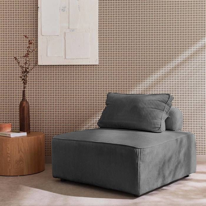 Chauffeuse  pour canapé modulable velours côtelé gris avec un coussin