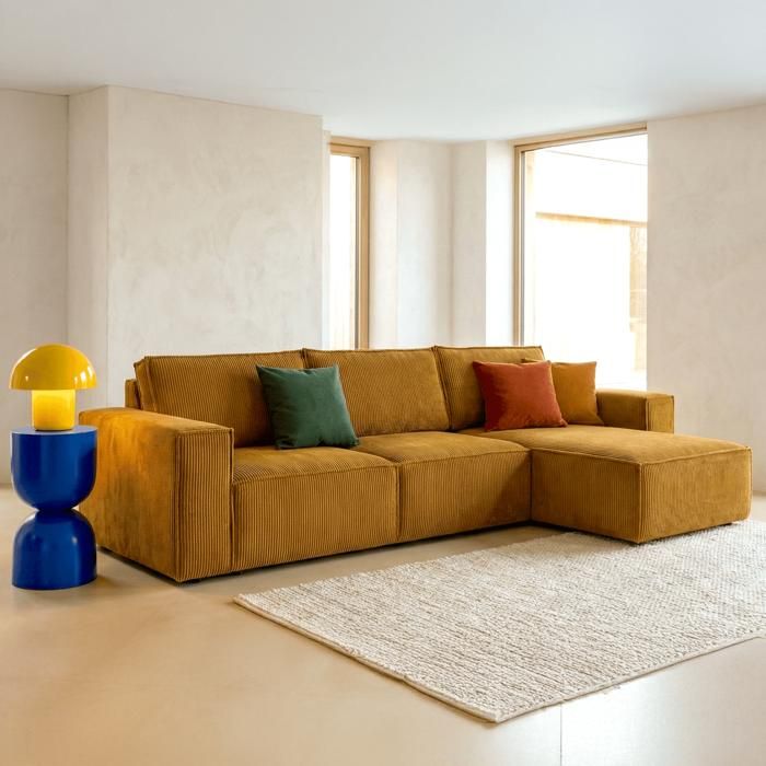 Canapé convertible 5 places - HOMIFAB - Harper - Angle réversible - Coffre de rangement - Velours côtelé jaune