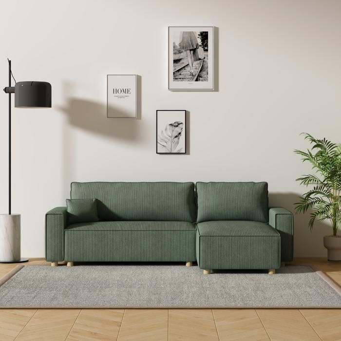 COSY - Canapé convertible d'angle en velours côtelé vert