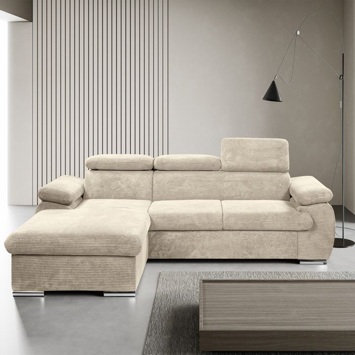 Canapé d'angle coté gauche convertible velours côtelé beige avec têtières - KOST