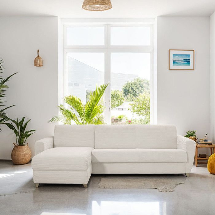 Canapé d'angle convertible réversible 5 places en velours côtelé beige - ouverture express - Leandro