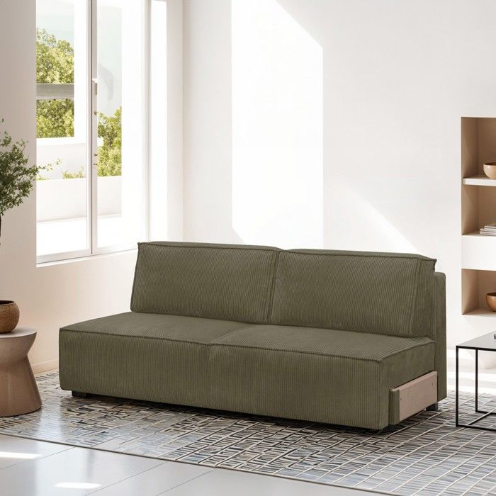 Canapé convertible 2 places avec coffre de rangement en velours côtelé vert kaki - Harper Mod