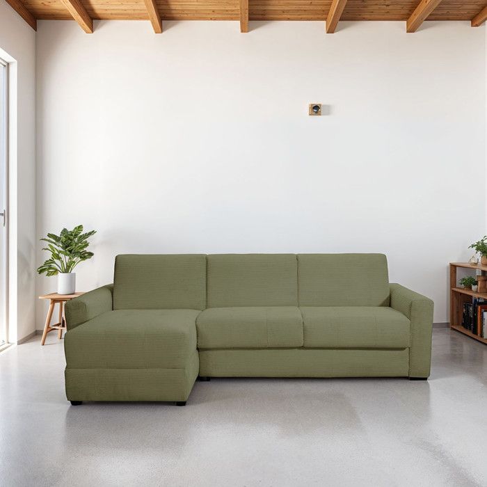 Canapé d'angle convertible réversible 5 places en velours côtelé vert kaki - ouverture express - Andrea
