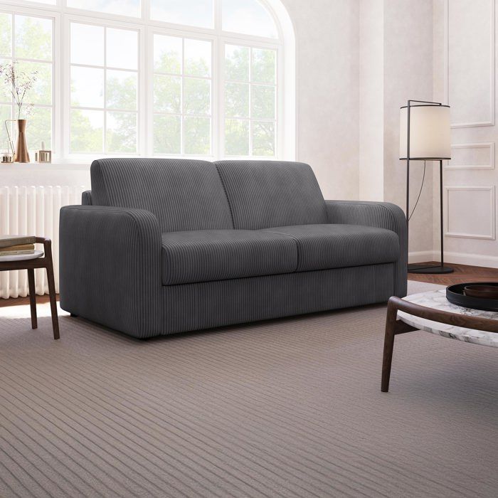 OLIVIER - Canapé 3 places convertible rapido en velours côtelé anthracite matelas Memory 14 cm