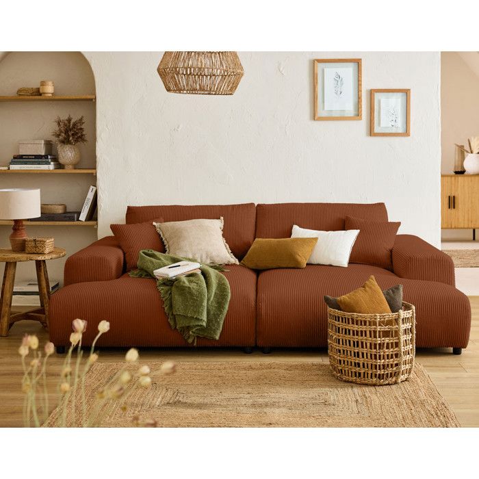 Garance - canapé droit 3 places double méridienne - en velours côtelé - Terracotta