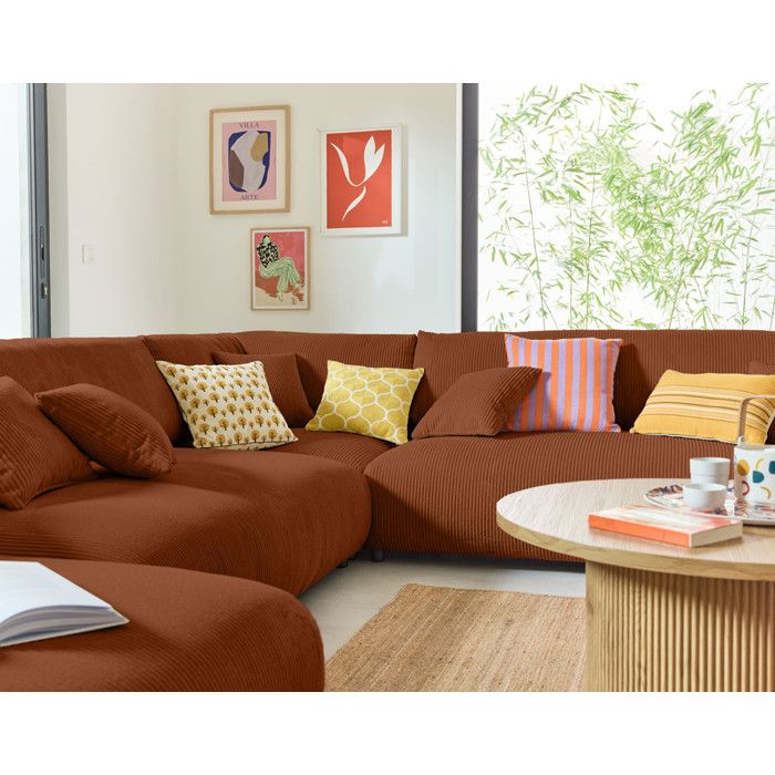 Canapé panoramique Garance en velours côtelé - Lisa Design - Angle réversible - Rouge - 1 place