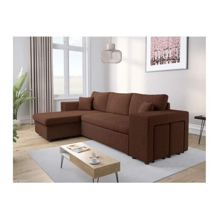 Canapé d'angle réversible MADY avec coffre, rangement poufs à droite en velours côtelé - Marron - L254 x P146 x H81cm - LOUNGITUDE