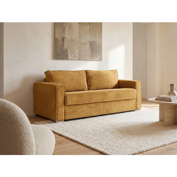 Canapé 4 places convertible express en velours côtelé jaune moutarde - Couchage à lattes larges 160 cm - Matelas 22 cm LORETO