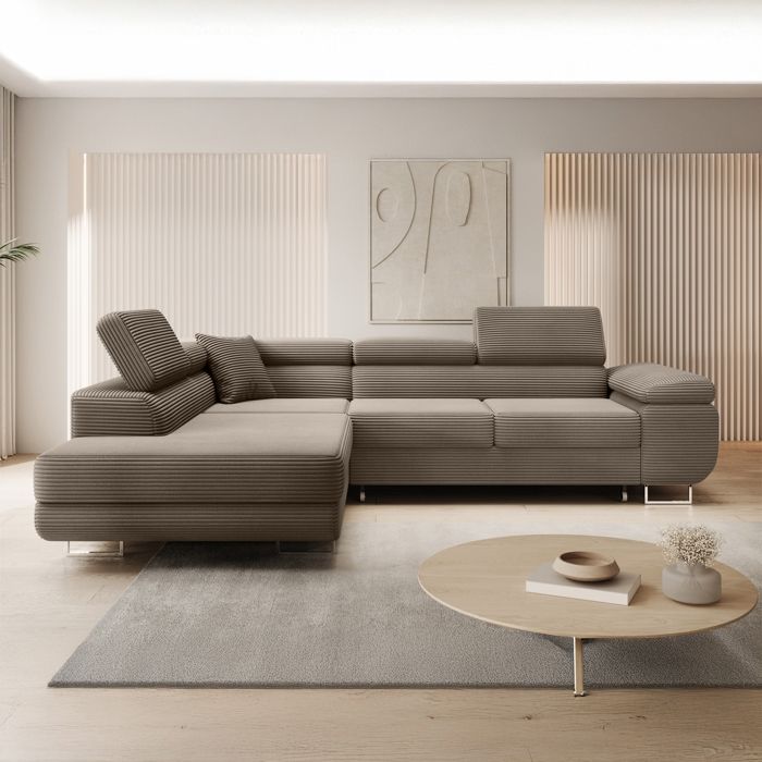 Canapé d'angle gauche convertible Marius velours côtelé Taupe